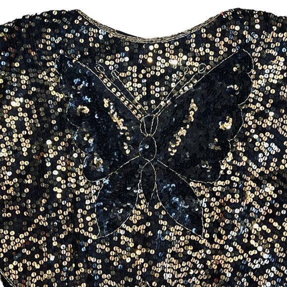Vintage Women’s Sz S NWT Black Gold Sequin Butterfly Top 70s Deadstock Silk Boho - Picture 7 of 10